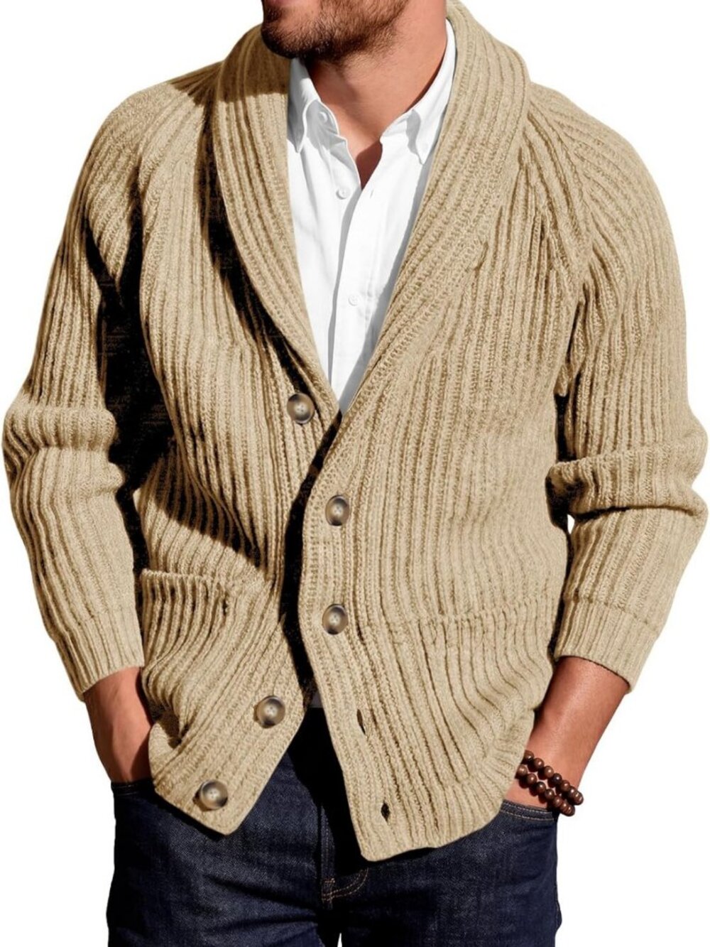 Cozy Men's Zip-Up Cardigan Sweater with Shawl Collar & Cable Knit Design